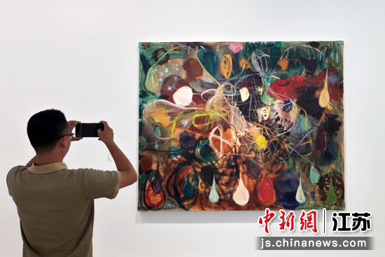 观众在展厅内用手机拍摄作品。